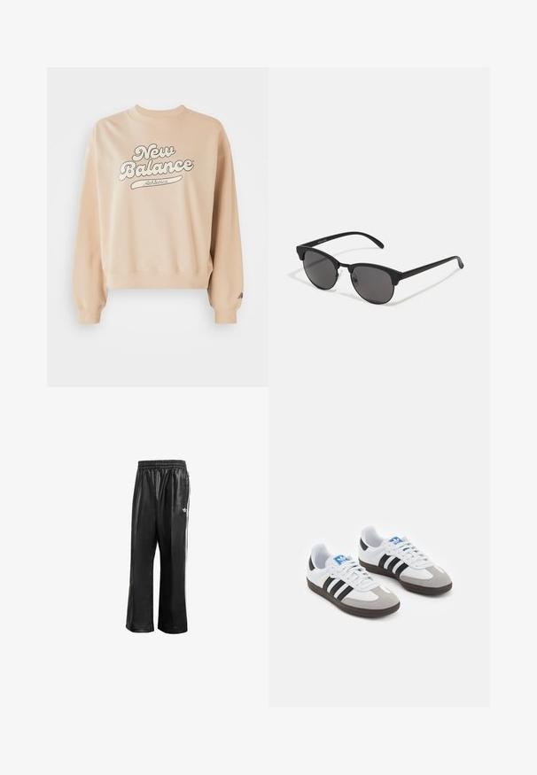 Beżowa bluza z ribbowanym kołnierzem i mankietami. Zawiera duże logo "New Balance Athletics" w ciemnoszarym kolorze. Miękka tekstura, luźny krój.; Czarne syntetyczne spodnie dresowe z elastycznym pasem, z białymi paskami po bokach i małym białym logo na lewym biodrze.; Buty sportowe z białą skórzaną cholewką, szarym zamszowym noskiem i trzema czarnymi paskami. Posiadają niebieskie logo na języku oraz teksturowaną gumową podeszwę.; Czarne okulary przeciwsłoneczne z okrągłymi soczewkami, matowym wykończeniem i charakterystycznym kształtem kota. Smukłe ramiona z subtelnym logo na lewym skroniu.
