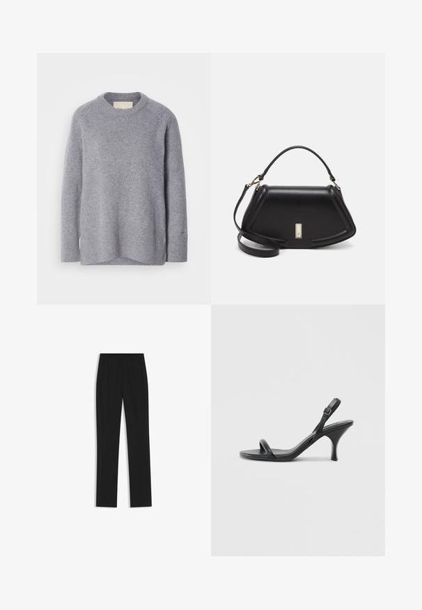 Pull en maille douce de couleur gris clair, à manches longues et col rond, avec des poignets et un ourlet côtelés.; Pantalon noir ajusté avec une coupe droite, doté de poches avant et d'un tissu lisse et texturé. Détails soignés et minimalistes.; Sandales à talons hauts en cuir noir avec un talon fin et courbé et un design de brides croisées. Bride de cheville réglable. Texture lisse.; Sac à main en cuir noir avec un design structuré, featuring une forme cropped, une poignée supérieure et des accents en matériel doré. Bandoulière réglable incluse.