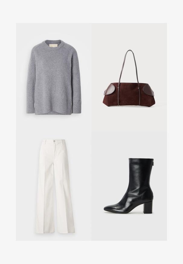 Suéter de manga larga y cuello redondo en gris claro, con puños y dobladillo acanalados, confeccionado en suave tejido de punto.; Pantalones de pierna ancha blancos hechos de algodón con una textura suave. Cuenta con un botón delantero, cremallera y un diseño de cuatro bolsillos.; Bota de cuero negro hasta el tobillo con punta afilada y tacón de bloque de 4 cm. Su diseño elegante incluye una cremallera lateral para facilitar su uso. Textura suave.; Bolsa de ante marrón con acentos de cuero, forma estructurada, doble strap para el hombro y bordes redondeados, con una textura suave y hardware minimal.