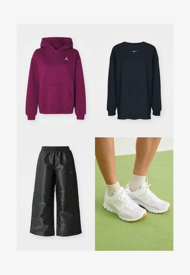 Jordan Felpa - bordeaux; T-shirt nero a maniche lunghe in cotone con colletto rotondo. Presenta un logo Nike bianco sul petto. Texture morbida, design semplice.; Pantaloni sportivi neri con un tessuto lucido e morbido, dotati di una vita elasticizzata, gambe larghe e un piccolo logo sul lato sinistro.; Scarpe sportive bianche con tessuto a rete, suole in gomma e dettagli beige. Indossate con calze chiare su una superficie verde.