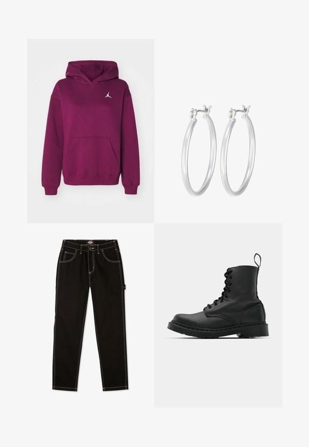 Jordan Džemperis ar kapuci - bordeaux; Melnas denima bikses ar kontrastējošām baltām šuvēm, piecām kabatām un cilpiņu sānos. Standarta piegriezums, taisnas kājas dizains.; Melnas ādas kaujas zābaki ar apaļu purngalu, auklām priekšā un cilpu potītes daļā. Iespējojums ir biezs gumijas zolei, kas nodrošina izturību.; Sudraba riņķveida auss gredzeni ar gludu, pulētu apdari. Apaļa forma un drošs klikšķa augšējais slēgums. Viegls dizains, kas piemērots ikdienas valkāšanai.