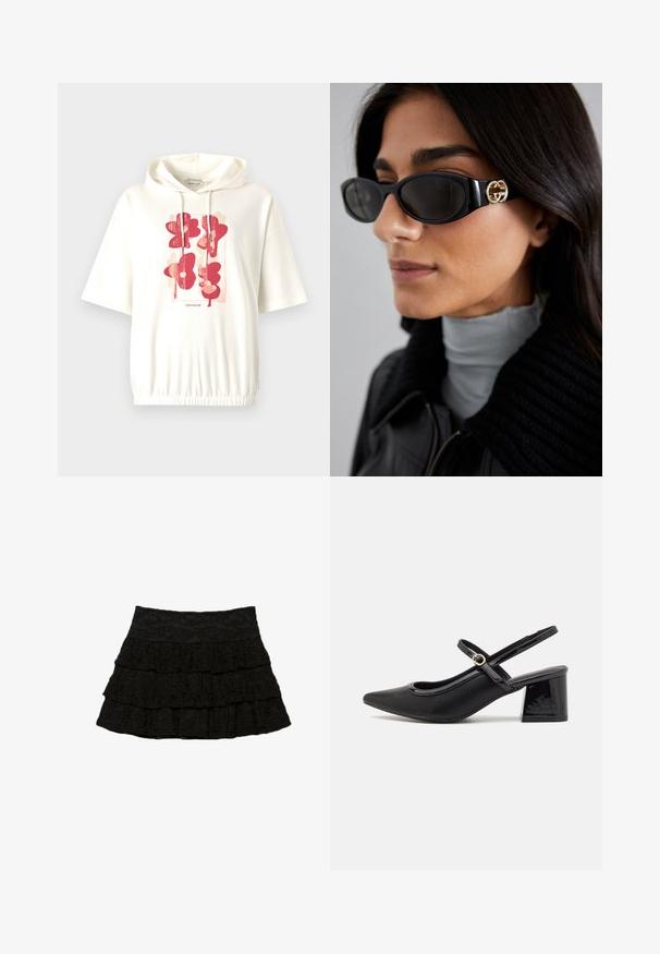 Felpa bianca con cappuccio che presenta una grafica centrale con forme floreali astratte rosse. Tessuto morbido con una vita arricciata e maniche corte.; Gonna nera a balze con tre strati di volant e un motivo floreale testurizzato. Vita elastica per comfort e vestibilità.; Décolleté in vernice nera con cinturino dietro, punta affusolata, design con ritagli arrotondati e tacco a blocco. Presenta un accento di fibbia tono oro.; Occhiali da sole neri con una montatura rettangolare elegante e un accento del logo dorato sul lato. Le lenti scure e la finitura lucida sono evidenti.; Wristlet Michael Kors in tela rivestita beige con motivo a logo MK ripetuto, hardware dorato e tracolla a catena staccabile.