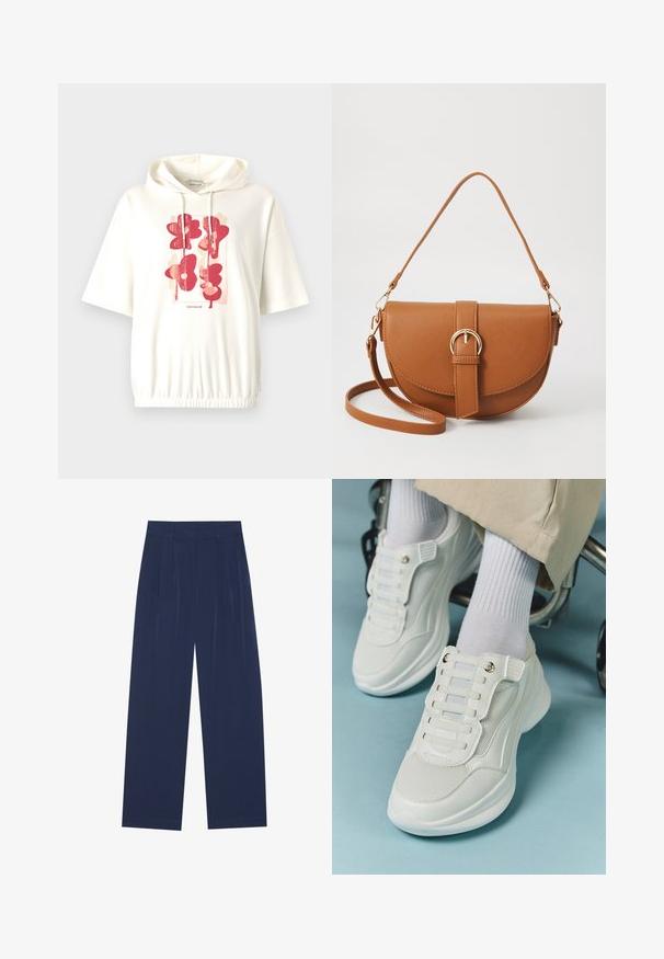 Felpa bianca con cappuccio che presenta una grafica centrale con forme floreali astratte rosse. Tessuto morbido con una vita arricciata e maniche corte.; Pantaloni a gamba larga blu navy realizzati in tessuto morbido, dotati di pieghe frontali, una texture liscia e una vestibilità dritta senza tasche visibili.; Sneaker bianchi realizzati in materiale a rete, suola in gomma, design senza lacci con bande elastiche e dettagli in tonalità oro.; Borsa a tracolla in pelle marrone con forma curvata, hardware dorato e un dettaglio con fibbia. Presenta una tracolla rimovibile.