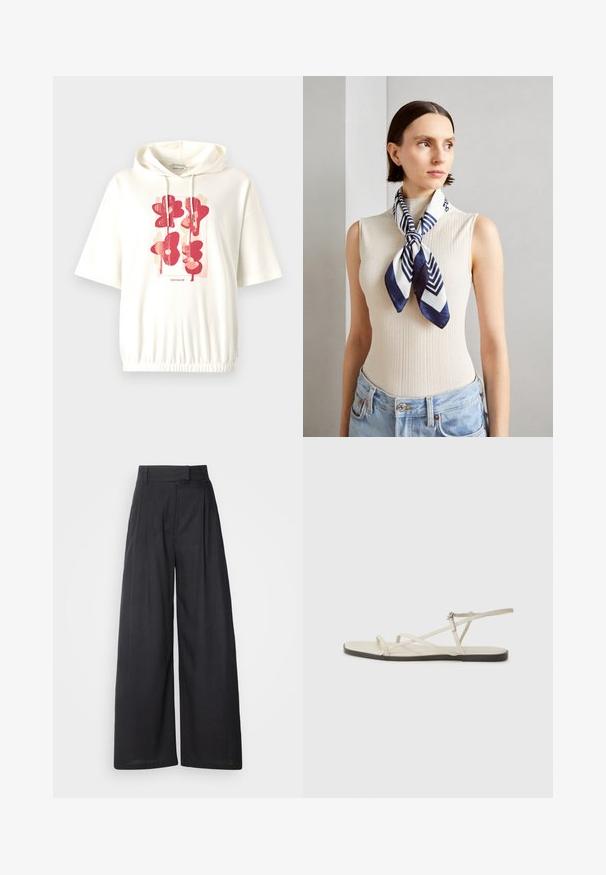 Witte hoodie met een centrale grafische print van abstracte rode bloempatronen. Zachte stof met een gerimpelde taille en korte mouwen.; Donker, wijde broeken met een gestructureerde tailleband en plooien. Gemaakt van lichte stof, met een gladde textuur en zonder zichtbare patronen.; Beige platte sandaal met meerdere slanke bandjes en een verstelbare gesp. De zool is plat met een lichte donkere contrastering aan de rand.; Zijde sjaal in marineblauw en wit met een geometrisch zigzagpatroon. Invloed van een gladde textuur, mooi om de hals geknoopt, wat perfect past bij een geribbelde top.; Bruine lederen schoudertas met een gladde textuur, ronde vorm, brede strap en een cirkelvormig metallic accent op de handgreep.