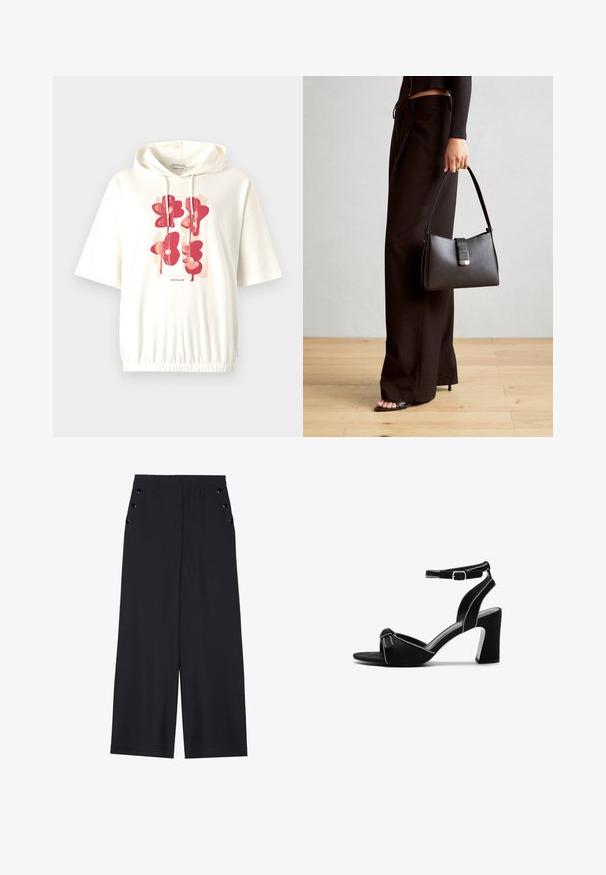 Weiße Kapuzenjacke mit einem zentralen grafischen Muster aus abstrakten roten Blumenformen. Weicher Stoff mit gerafftem Taillenbund und kurzen Ärmeln.; Weite Hosen aus dunkelblauem Stoff mit einer glatten Textur, Vorderfalten und dekorativen goldfarbenen Ösen an den Seitentaschen.; Schwarze Wildleder-Pumps mit einem breiten Blockabsatz, verstellbarem Knöchelriemen, Offene Zehen-Design und kontrastierenden gesteppten Details.; Schwarze Handtasche mit strukturierter Form, glatter Textur und einem metallischen Verschluss. Kombiniert mit weiten schwarzen Hosen und offenen Sandalen auf einem Holzboden.