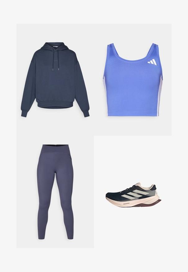 Sudadera azul marino con capucha, un bolsillo tipo canguro en la parte frontal, puños y dobladillo acanalados. El texto "BORG" está bordado en el pecho.; Sujetador deportivo azul claro hecho de tela elástica, con un escote redondo, tirantes anchos y rayas laterales blancas con un logo en la parte superior izquierda.; Leggings de cintura alta en un color gris oscuro sólido. Fabricadas con un tejido elástico, con costuras planas y un diseño de pierna ajustada y cónica.; Zapatilla de running con una parte superior de malla azul oscura, suela beige claro y diseño de tres rayas blancas. Presenta una forma elegante y aerodinámica, y detalles texturizados.
