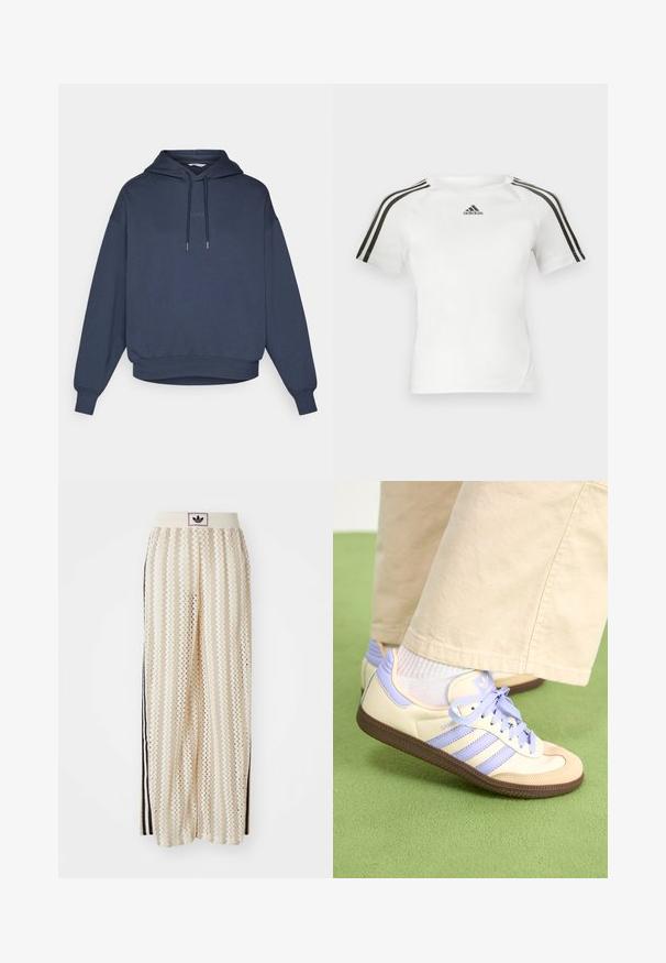 Tumed sinise kapuutsiga sviiter, ees kangaroo-tasku, soonikkoes varrukad ja alläär. Rinnal on broderitud tekst "BORG".; Valge lühikeste varrukatega sportlik särk, millel on must kolmerealine disain õlgadel, sile tekstuur ja väike must adidas'i logo rinnal.; Kreemivärvilised lai säärega püksid, millel on siksakmustrit, must logoga vööp ja külgmised mustad triibud. Kerge, tekstureeritud kangas.; Kreemi ja lavendlivärvi tenniset, millel on kolm triipu ja tekstuuriga pruun tall, varustatud paelte ja pehmendatud kontsaga. Pehme kangast ülemine osa.