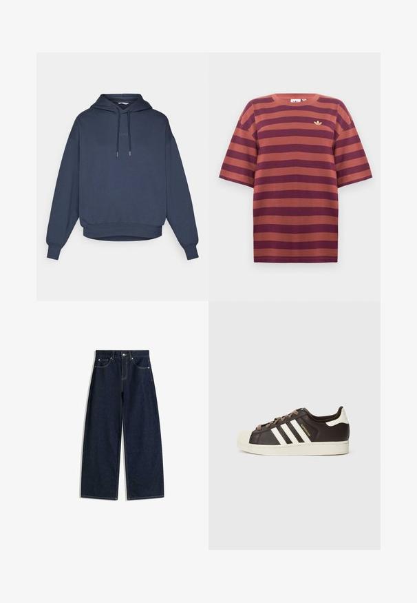 Marineblauwe sweatshirt met een capuchon, een voorste kangoeroezak, ribgebreide manchetten en onderzoom. De tekst "BORG" is geborduurd op de borst.; Bordeaux en roest gestreepte t-shirt, korte mouwen, ronde halslijn, met een klein gouden logo op de linker borstpartij, gemaakt van katoen.; Donkerblauwe denim jeans met wijde pijpen, voorzakken, knoopsluiting en zichtbare stiksels op een witte achtergrond.; Low-top Adidas Superstar sneaker in donkerbruin leer met crème shell-toe, witte strepen en de tekst "Superstar" aan de zijkant.