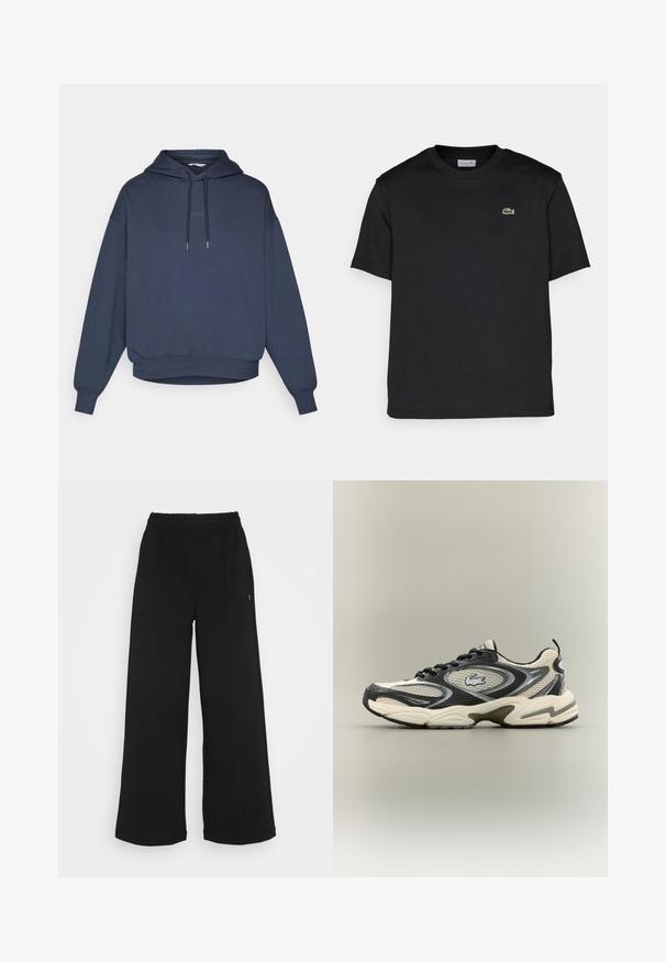 Granatowy sweatshirt z kapturem, przednia kieszeń typu kangur, ściągacze na rękawach i u dołu. Na klatce piersiowej wyszyty napis "BORG".; Czarny bawełniany t-shirt z okrągłym dekoltem, krótkimi rękawami i małym, zielonym haftowanym logo po lewej stronie klatki piersiowej. Prosty design.; Czarne spodnie o szerokich nogawkach z elastycznym pasem. Wykonane z miękkiego, lekkiego materiału. Posiada pionowe szwy na przodzie.; Czarno-beżowe siateczkowe sneakersy mają wyściełany kołnierz, teksturowaną cholewkę oraz wyraźne logo z boku. Smukły design z zaokrągloną podeszwą.