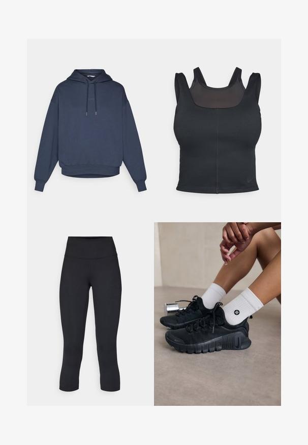 Sudor de culoare albastru închis, cu glugă, buzunar frontal tip kangaroo, manșete și tiv riglate. Textul "BORG" este brodat pe piept.; Sutien sportiv negru cu un design ajustat, bretele late și un overlay din plasă pe față. Textură netedă și cusături minime. Logo-ul Nike pe tiv.; Leggings negre scurte, fabricate dintr-un material elastic, având o talie înaltă și o textură netedă, fără modele sau accesorii vizibile.; Pantofi sport negri din material texturat, cu un design cu sireturi și o talpă proeminentă, asortați cu șosete albe cu model cu nervuri, având un mic logo.