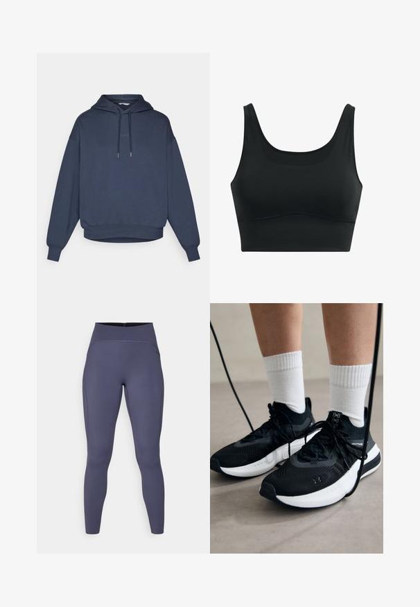 Tamsiai mėlyna džemperis su kapišonu, priekinė kengūros kišenė, rausvirankoviai ir apvadas. Tekstas "BORG" išsiuvinėtas ant krūtinės.; Juodas sportinis liemenukas, pagamintas iš lygaus audinio, su apvaliu kaklu, plačiomis petnešomis ir besiūle konstrukcija su išlinkusia apatine dalimi.; Aukštos juosmens kelnaitės vientisos tamsiai pilkos spalvos. Pagamintos iš elastingos medžiagos su plokščiais siūlėmis ir prigludusia, siaurėjančia kojų forma.; Juodi sportiniai batai su tekstūruotu audiniu, balta padu ir juodais raiščiais. Dėvimi su baltais raištiniais kojiniais, stovint lengvame paviršiuje.