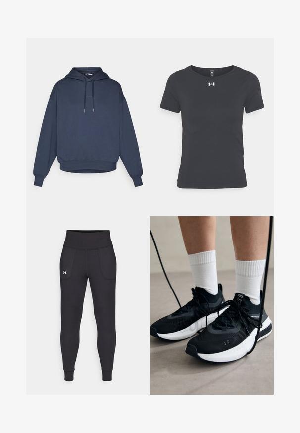 Tamsiai mėlyna džemperis su kapišonu, priekinė kengūros kišenė, rausvirankoviai ir apvadas. Tekstas "BORG" išsiuvinėtas ant krūtinės.; Juodas trumpas rankovėmis sportinis marškinėliai, pagaminti iš lengvos medžiagos, su apvaliu iškirpimu ir Under Armour logotipu ant krūtinės.; Juodos sportinės leginsai, pagaminti iš tamprių medžiagų, su aukštu juosmeniu, šoninėmis kišenėmis ir priglundančiomis blauzdų manžetėmis.; Juodi sportiniai batai su tekstūruotu audiniu, balta padu ir juodais raiščiais. Dėvimi su baltais raištiniais kojiniais, stovint lengvame paviršiuje.