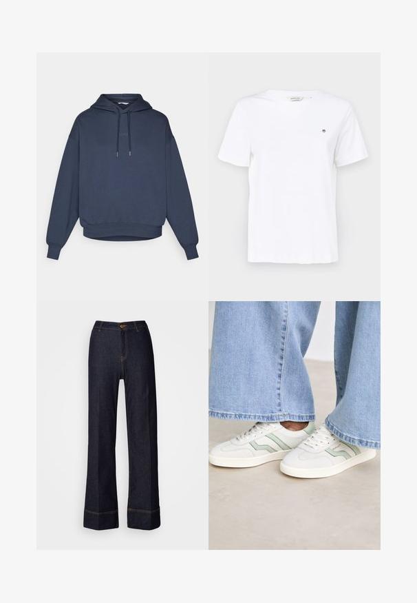 Námo modrý mikina s kapucňou, predné klokanie vrecko, rebrované manžety a spodný lem. Text "BORG" je vyšitý na hrudi.; Biela bavlnená tričko s krátkymi rukávmi, okrúhlym výstrihom a malým vyšitým logom na hrudi. Hladká textúra a klasický strih.; Tmavé deninové nohavice s širokými nohavicami a vysokým pásom, s predným zapínaním na gombík a oranžovými švami. Hladká textura po celom obvode.; Biele tenisky s svetlozelenými akcentmi, textúrovaná koža a ploché gumové podrážky. V kombinácii s širokými džínovými nohavicami.