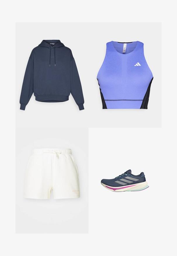 Námořnická modrá mikina s kapucí, přední klokánek kapsou, žebrovanými manžetami a lemem. Na hrudi je vyšitý nápis "BORG".; Fialový sportovní crop top s texturovaným povrchem, černými bočními panely a bílým logem na levé části hrudi. Atletický design s kulatým výstřihem.; Bílé bavlněné kraťasy s elastickým pasem a uvázaným akcentem. Mají boční kapsy a malé tištěné logo v světle oranžové barvě.; Námořnické běžecké boty s síťovaným svrškem, stříbrnými pruhy, mátovými akcenty a odpruženou podrážkou s růžovými a tyrkysovými detaily pro pohodlí.