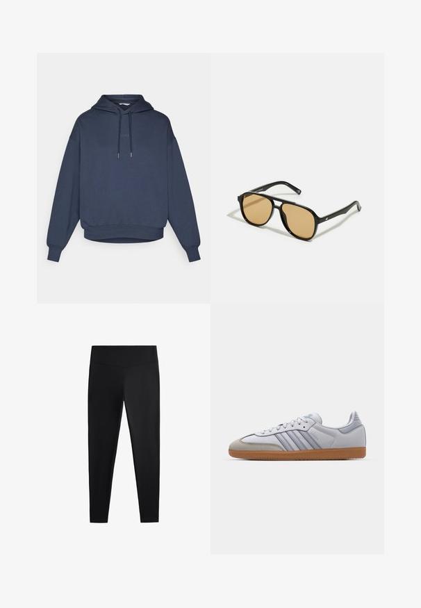 Mornarsko plava dukserica s kapuljačom, prednji kengurasti džep, rebrasti manžeti i donji rub. Na prsima je izvezena riječ "BORG".; Crne tajice izrađene od glatkog, rastezljivog materijala. Imaju široki pojas i suženi kroj nogavica, pogodne za aktivno ili ležerno nošenje.; Bijele kožne tenisice s svijetloplavim detaljima, sivim nubuk vrhom i smešnim gumiranim đonom. Imaju tri plava pruga i "Samba" oznaku.; Crne sunčane naočale s smeškastim sočivima; pravokotni oblik s debelim okvirom, uključujući suptilne hardverske akcentne detalje na sljepoočnicama.