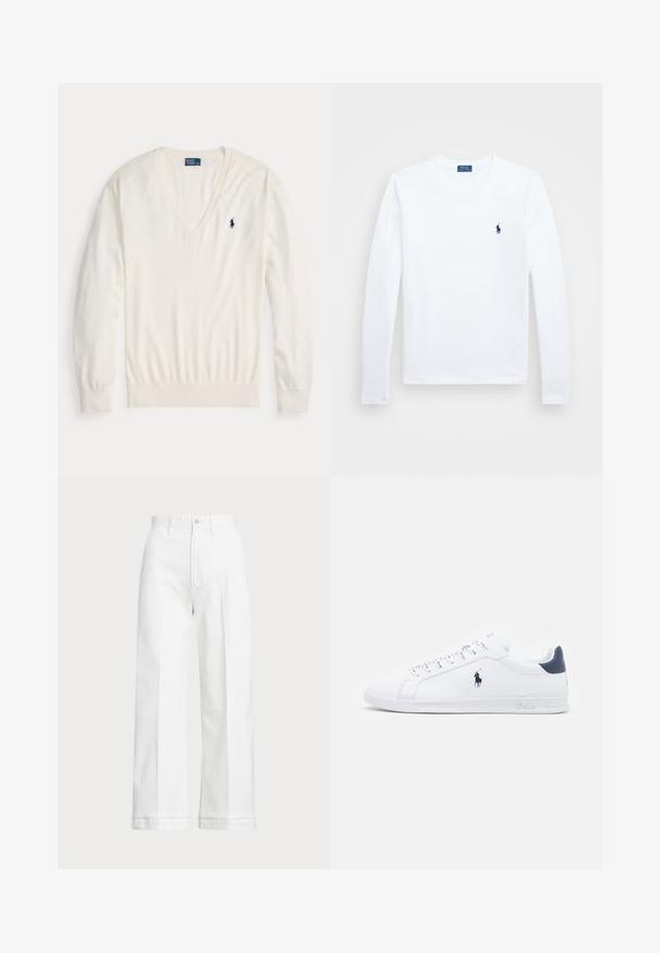 V-nyakú, krémszínű pulóver, puha kötött anyagból. Hosszú ujjak és egy kicsi kék logó található a bal mellen. Simább textúrájú.; Fehér hosszúujjú póló, pamut anyagból, kerek nyakkivágással, bal mellen kis sötétkék logóval. Egyszerű dizájn, normál szabású.; Fehér, bő szárú nadrág magas derekú szabással, gombos záródással és diszkrét varrási részletekkel. Pamutból készült, sima tapintással.; Fehér bőr sportcipők sima felülettel, tengerészkék részletekkel és egy kis logóval az oldalukon. Lapos fűzőkkel és texturált gumi talppal rendelkezik.