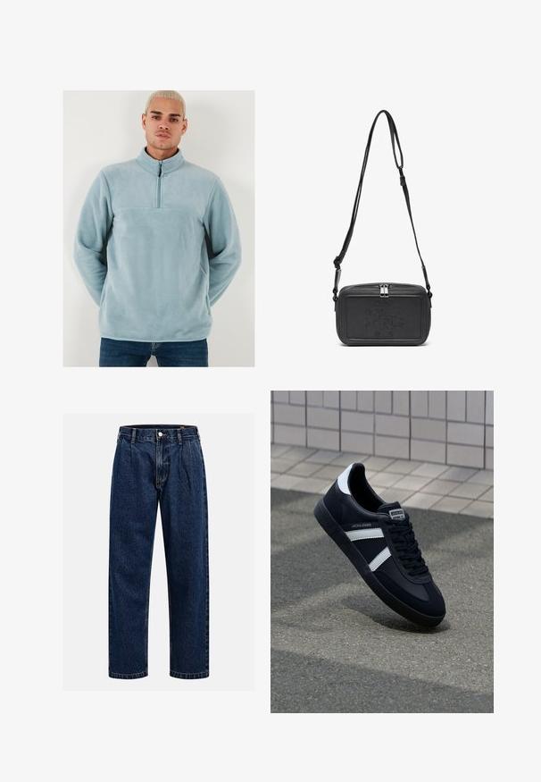 Šviesiai mėlynas flisinis megztinis su aukštu apykakle ir pusiau užtrauktuku. Minkšta tekstūra su vientisu dizainu ir horizontali siūlė per krūtinę.; Tamsiai mėlynos džinsinės kelnės su tiesiu sijonu. Savybė - matoma siūlė, mygtuko uždarymas ir priekinei daliai raukiniai, suteikiantys papildomą detales.; Juodas odinis sportinis batelis su baltais dryžiais, tekstūruota gumine padais ir raišteliais priekyje. Yra prekės ženklą žymintis etiketė ant liežuvio.; Juodas odinis per petį nešiojamas krepšys su užtrauktuku, iškilniu logotipu priekyje ir reguliuojama dirželiu. Lygus paviršius, stačiakampio formos.