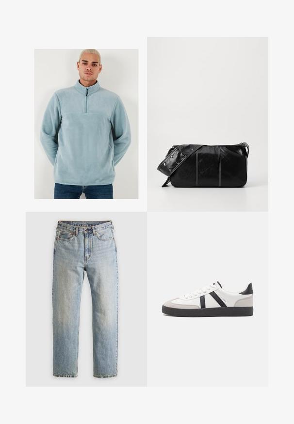Light blue fleece pullover with high collar and half-zip front. Soft texture with a solid design and a horizontal seam across the chest.; Light blue denim jeans with high waist, front button, zipper, and five-pocket design, laid flat on a neutral background.; White sneaker with black and gray accents, featuring a textured gray toe cap, black rubber sole, and flat white laces. Clean design, minimalist style.; Black leather shoulder bag with a zip closure, featuring a textured body, white stitching, and a strap with silver grommets.