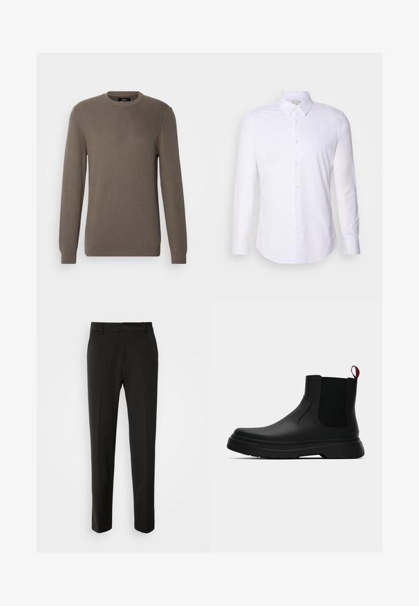 Barna bordázott pulóver kerek nyakkal, hosszú ujjakkal és texturált anyaggal. Egyszerű dizájn, további minták vagy kiegészítők nélkül.; Fehér, hosszú ujjú gombos ing sima anyagból, klasszikus gallérral, elülső gombokkal és diszkrét logóval a mellkason.; Fekete nadrág sima szövetből, egyenes lábakkal, gombos záródással és klasszikus designnal, amely alkalmas formális vagy hétköznapi viseletre.; Fekete bokacipő sima felülettel, ruganyos oldalsó panelek és kontrasztos piros húzópánt jellemzi, vastag gumitalppal és lekerekített orral.