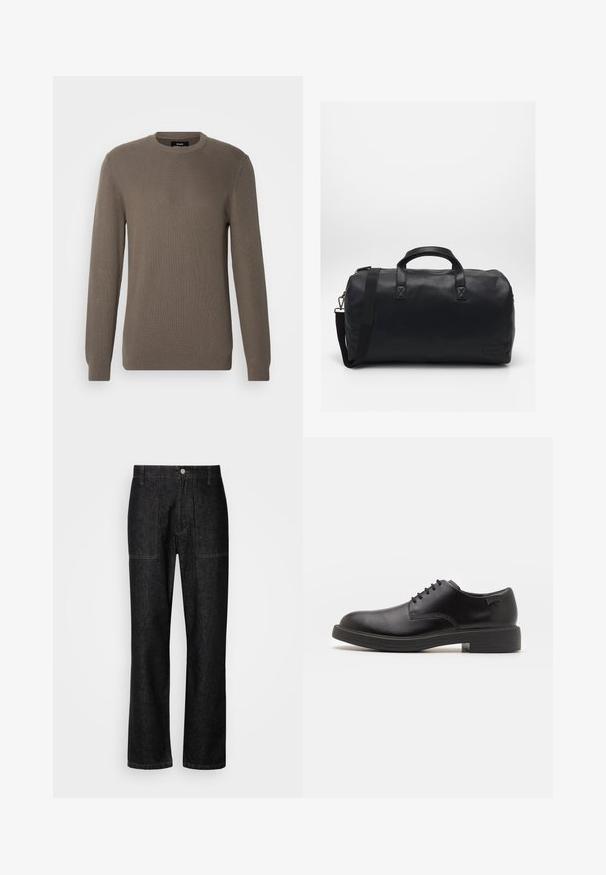 Maglione marrone a costine con collo rotondo, maniche lunghe e tessuto testurizzato. Design semplice senza ulteriori motivi o accessori.; Pantaloni in denim nero con gamba dritta, cuciture visibili e chiusura frontale con bottone. Include due tasche laterali e due tasche posteriori.; Scarpa nera in pelle con lacci, punta tonda, texture liscia, cuciture minime e tacco in gomma basso. Logo sul tacco.; Borsa a secchiello nera realizzata in materiale sintetico testurizzato. Presenta due manici e una tracolla regolabile. Design semplice senza motivi visibili.