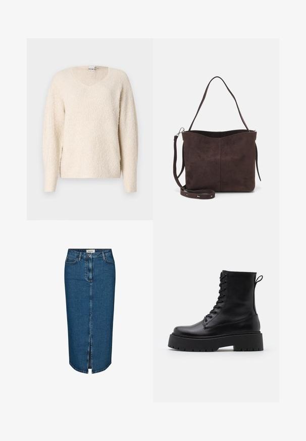 Heledad beežs kregs pehmest, tekstuurist kangast. Omab V-kaelust, pikki varrukasid ja külgslitte mugavuse tagamiseks. Lihtne, minimalistlik disain.; Tumedast denimist seelik, millel on ees lõhik, viis taskut ja kontrastne õmblus. Keskmise kõrgusega talje klassikalise disainiga.; Mustad mustad nahast pahkluu saapad ümarate varvastega, nööridega esiosas ja paksu kummist talla ning tekstuuritud mustriga. Tagumine tõmbeaas.; Pruun nubukist kott pehme tekstuuriga, millel on üks õlavarre rihm ja peene kumer ülemine ava. Nähtavaid metallosi pole.