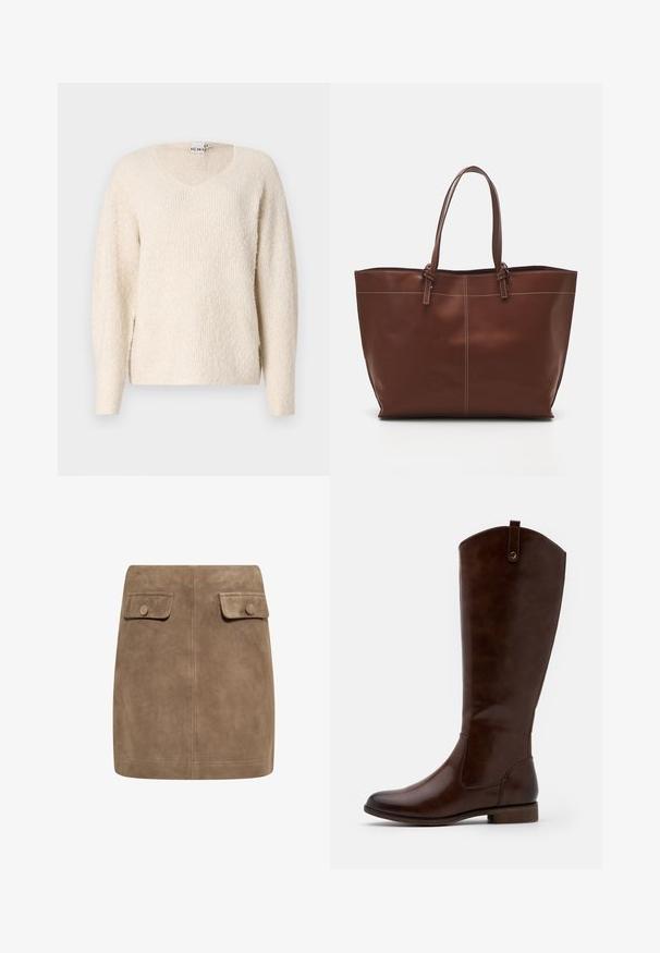 Maglione color beige chiaro in morbido tessuto texturizzato. Caratterizzato da un scollo a V, maniche lunghe e spacchi laterali per facilitare i movimenti. Design semplice e minimalista.; Gonna mini in suede marrone con una texture liscia, caratterizzata da due tasche frontali con patta e chiusura a bottoni su entrambi i lati. Design semplice e dritto.; Stivali marroni al ginocchio realizzati in pelle liscia, con punta arrotondata, tacco basso impilato e un motivo di cucitura sottile lungo i lati.; Borsa tote in vera pelle marrone con doppie maniglie, presenta cuciture a contrasto e un design spazioso, adatta per l'uso quotidiano.