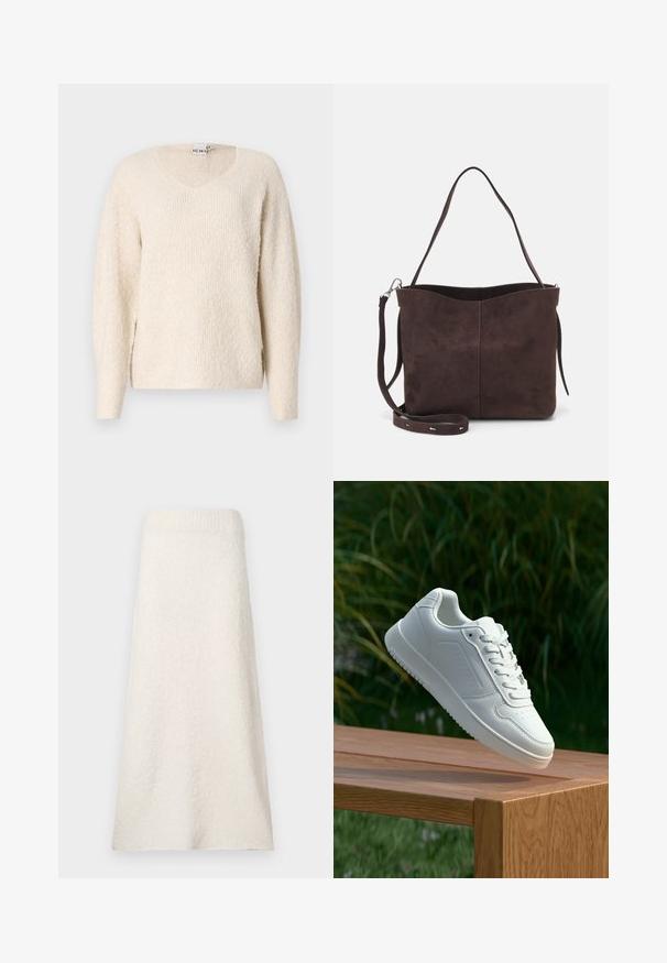 Heledad beežs kregs pehmest, tekstuurist kangast. Omab V-kaelust, pikki varrukasid ja külgslitte mugavuse tagamiseks. Lihtne, minimalistlik disain.; Knee-pikkune kreemipesu seelik, mis on valmistatud tekstureeritud kangast, featuring ribitud vöökoht ja lahtine, voolav disain.; Valged sneakerd, millel on sile sünteetiline ülemine osa, väikeste aukudega varvaskast, lamedad paelad ja tekstuuriga tald, eksponeeritud puidust pinnal.; Pruun nubukist kott pehme tekstuuriga, millel on üks õlavarre rihm ja peene kumer ülemine ava. Nähtavaid metallosi pole.