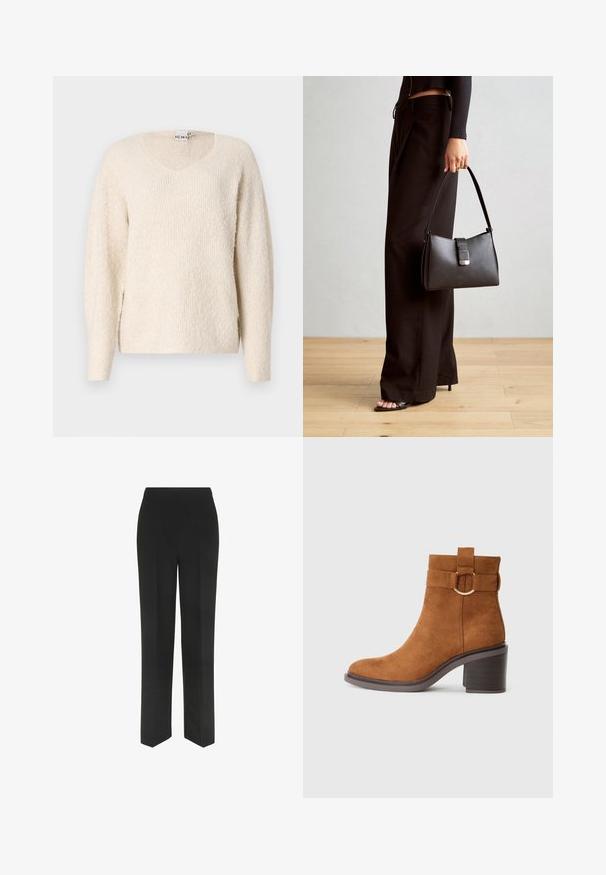 Jasno beżowy sweter z miękkiego, teksturowanego materiału. Posiada dekolt w serek, długie rękawy i boczne rozcięcia dla większej swobody. Prosty, minimalistyczny design.; Czarne spodnie o prostym kroju nogawki, z prostym pasem i bez widocznych kieszeni, wyeksponowane na białym tle.; Brązowy zamszowy botek za kostkę z zaokrąglonym noskiem, słupkiem i ozdobnym paskiem z okrągłą klamrą.; Czarna torebka o usztywnionym kształcie, gładkiej fakturze i metalowym zapięciem. Połączona z szerokimi czarnymi spodniami i sandałami na otwartym palcu na drewnianej podłodze.