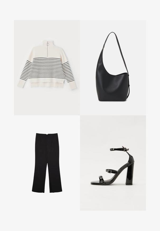 Weiße gerippte Strickjacke mit hohem Kragen, ausgestattet mit schwarzen horizontalen Streifen und einem halben Reißverschluss am Kragen. Mühelos mit einer lässigen Passform.; Schwarze Hose mit geradem Schnitt, ausgestattet mit Fronttaschen und Seitenschlitzen am Saum. Hergestellt aus weichem, glattem Stoff. Geeignet für verschiedene Anlässe.; Schwarze patentierte Sandalen mit Absatz, quadratischer Spitze, Knöchelriemen und silbernen Schnallen. Mit einem stabilen Blockabsatz für mehr Stabilität.; Schwarze Leder-Hobo-Tasche mit einer glatten Textur, geschwungener Form und einem einzelnen verstellbaren Tragegurt; verfügt über eine weite Öffnung am oberen Ende.