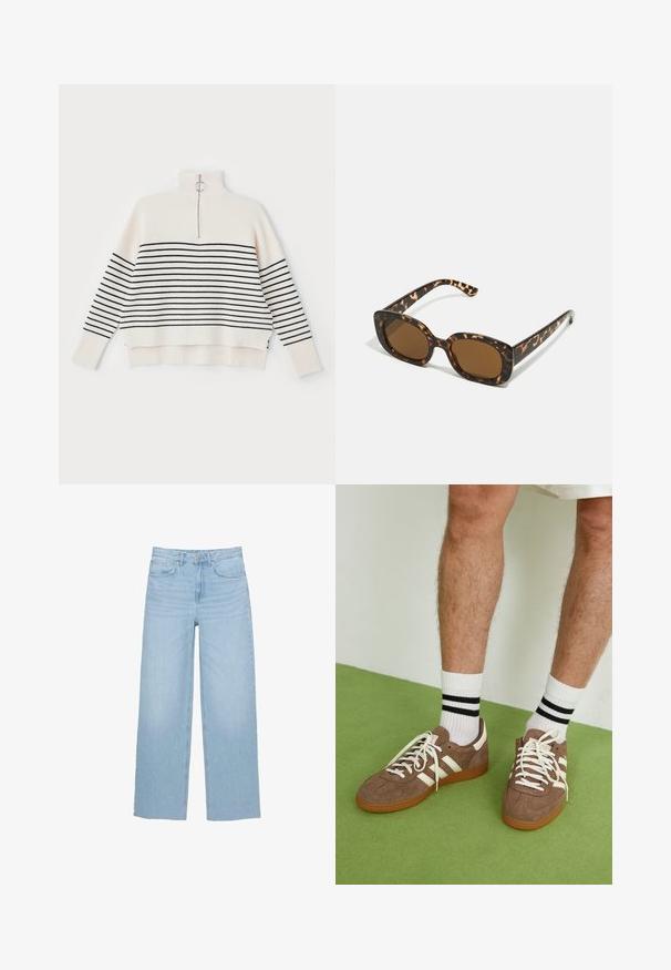 Vit ribbad tröja med hög krage, prydd med svarta horisontella ränder och en halv dragkedja vid kragen. Avslutad med en avslappnad passform.; Ljust blå vida jeans i denim, med hög midja, rak passform och femficksdesign med ren fåll.; Bruna mockaskor med vita detaljer och snören. Gummisula i beige. Bärs med vita strumpor med svarta ränder. Grön strukturerad golvyta.; Sköldpaddsmönstrade solglasögon med en rund, kraftig ram och bruna linser. Har subtila mönster och raka, avsmalnande skalmar.; Zign LEATHER - Shoppingväska - light brown