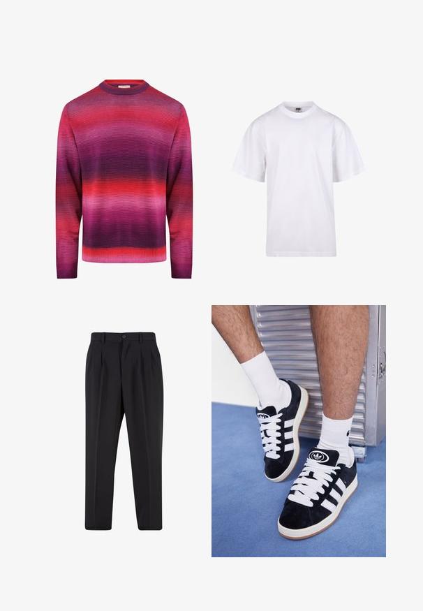 Redefined Rebel NELSON REGULAR FIT - Pullover - magenta purple; T-shirt en coton blanc avec un col rond, des manches courtes et une coupe décontractée. Présente un design uni sans motifs ni accents.; Pantalons noirs avec un design de devant plissé, fabriqués à partir d'un tissu lisse. Comprend une fermeture par bouton et des passants de ceinture ; coupe droite.; Baskets en suede noir avec des lacets blancs et trois rayures blanches. Présente un logo circulaire noir sur la languette et une semelle en caoutchouc beige.