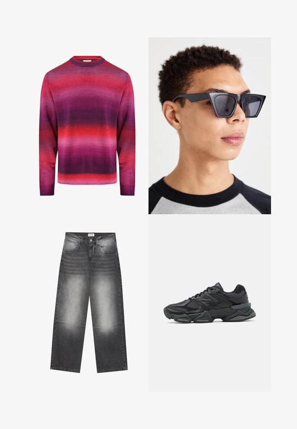 Redefined Rebel NELSON REGULAR FIT - Trui - magenta purple; Wijdvallende zwarte spijkerbroeken van denim met een vervaagde grijze afwerking, voorzien van zijzakken, een knoopsluiting en lichte beschadigingen op de knieën.; Zwarte hardloopschoen met een mix van mesh en synthetische materialen, een stevige zool, gebogen ontwerp en prominente branding op de zijkant.; Zwarte hoekige zonnebril met donkere lenzen, met een gedurfd geometrisch ontwerp en een matte afwerking. Draagt een persoon met kort haar.