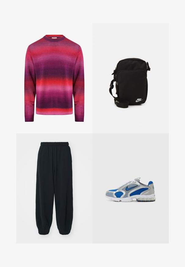 Redefined Rebel NELSON REGULAR FIT - Pullover - magenta purple; Pantalons de survêtement noirs avec taille élastiquée, coupe ample, chevilles côtelées, texture lisse et sans motifs ni accents matériels visibles.; Baskets de sport bleu et argent avec des panneaux en maille, un col rembourré et une semelle translucide avec des accents bleus. Des lacets contrastants complètent le design.; Sacoche en nylon noir avec une bandoulière réglable, des compartiments zippés et un logo Nike blanc à l'avant. Texture lisse, forme rectangulaire.