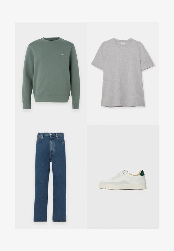 Groene sweatshirt van zachte fleece, met een ronde halslijn, lange mouwen, geribbelde manchetten en een klein logo op de borst.; Grijze T-shirt met korte mouwen, gemaakt van zacht, textuurstof. Heeft een klassieke ronde hals en een rechte zoom, geschikt voor casual dragen.; Hoge taille blauwe denim jeans met een recht beenontwerp, voorzien van voorzakken en een knoopsluiting. De textuur is glad met subtiele vervaging.; Witte sneaker met suède accenten, ronde neus, platte veters en een crème rubberen zool. Bevat groene branding op de hiel.