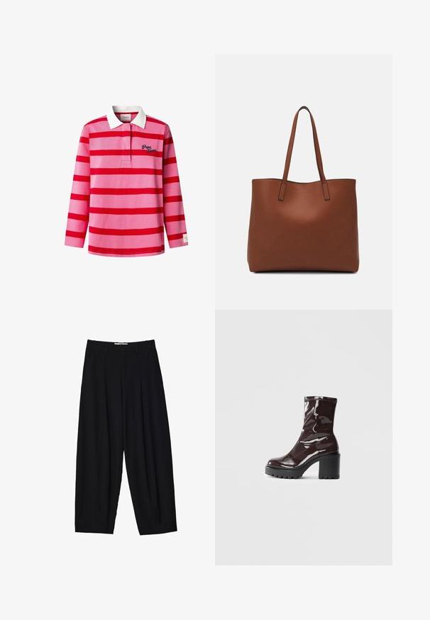 Červeno-růžový pruhovaný polo tričko s dlouhým rukávem, bílé límec a vyšívané logo. Obsahuje knoflíkový uzávěr na krku.; Černé široké kalhoty vyrobené z lehké tkaniny, s předními sklady, klasickým pasem a bočními kapsami. Hladký povrch.; Lesklá bordó kotníková bota s masivním černým podpatkem, se hladkým povrchem a jednoduchým designem. Žádné viditelné zapínání ani vzory.; Hnědá kožená taška přes rameno s hladkou texturou, otevřeným designem a dvěma ramenními popruhy. Obsahuje minimální švy a žádné viditelné kovové prvky.