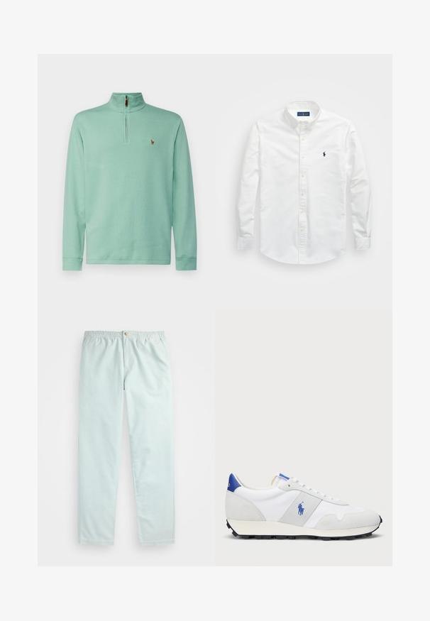 Lys grøn genser med kvart glidelås og lange ermer. Har en liten logo på brystet og ribbede mansjetter for ekstra tekstur.; Hvit skjorte med knapper laget av bomull. Har spiss krage, lange ermer og en liten marineblå logo på brystet. Glatt tekstur.; Lyseblå, avslappede bukser med elastisk linning, med sidelommer og en enkelt knappelukking foran.; Hvit trening sneaker med grå semsket skinn-accents, mesh-overdel, blå hælflik og svart gummi såle. Har snøring og logo.