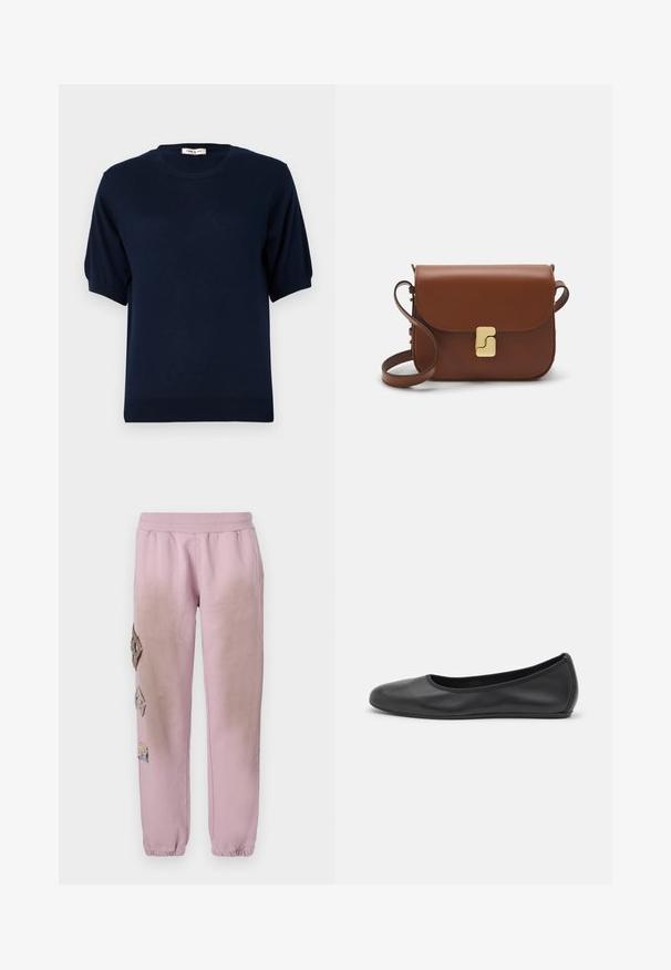 Paul & Joe BASTIEN - Pulover - marine; Tricou alb cu mânecă scurtă, confectionat dintr-un material texturat. Gât rotund, tăietură regulară și detalii subtile de cusătură. Fără modele sau grafice.; Pantaloni de trening roz cu talie elastică, cu petice decorative în formă de diamant pe partea stângă și manșete elastice la glezne.; Balerini din piele neagră, cu vârf rotund, textură netedă, detalii de cusătură minimale și un design al tălpii flexibil.; Geantă de piele maro cu închidere tip capac, accesorii de culoare aurie, curea de umăr și o textură netedă. Formă compactă și rectangulară.
