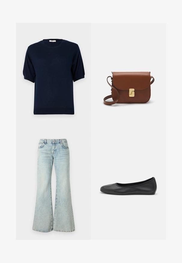 Paul & Joe BASTIEN - Džemperis - marine; Šviesiai mėlynos plačios džinsinės kelnės, pasiūtos iš džinsinio audinio, turi aukštą liemenį, kišenes ir susidėvėjusius kraštus. Audinys yra šviesiai nuplautas ir šiek tiek tekstūruotas.; Juodai odiniai baletai su apvaliu pirštu, lygi texture, minimalus siuvimo detales ir lanksčiu padų dizainu.; Ruda odinė rankinė su uždaromu dangteliu, aukso spalvos detalėmis, petneša ir lygiu paviršiumi. Kompaktiška stačiakampio formos.