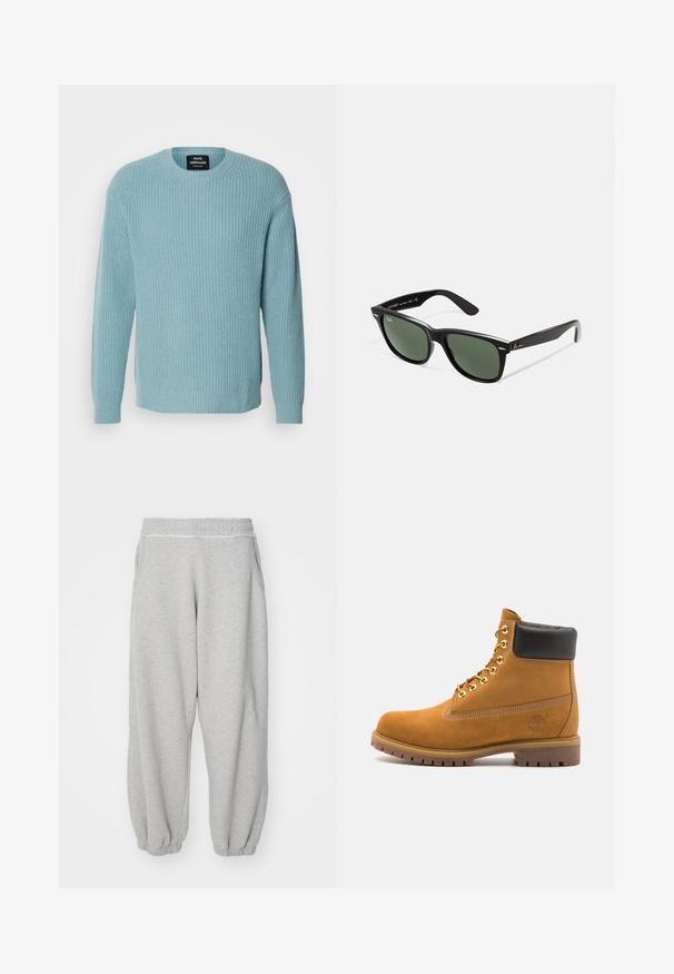 Mads Nørgaard VILHELM - Jumper - slate; Light grey sweatpants with elastic waistband and cuffs, featuring side pockets and a soft, textured fabric. Simple design without patterns.; Tan suede ankle boot with black padded collar, gold metal eyelets, white stitching detailing, and rugged rubber sole with pronounced treads.; Black plastic sunglasses with green lenses, square frames, silver accent on the brow, and textured temple arms. Stated brand on inner arm.