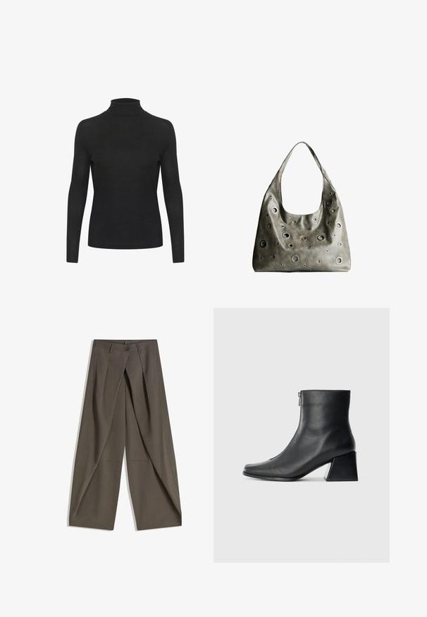 Fekete garbó hosszú ujjú felső, finom, könnyű anyagból készült. Feszes szabással és sima felülettel rendelkezik. Nincsenek látható minták vagy díszítések.; Bő szárú nadrág, textúrált, sötétszürke anyagból. Elöl pliszé, gombos záródás és oldalsó zsebek biztosítják a praktikusságot.; Fekete bőr bokacsizma négyzetes orral, oldalsó cipzárral és tömbsarkal, egyszínű világos háttér előtt.; Olívazöld bőrtáska laza fazonnal, különböző méretű kör alakú kivágásokkal és sötétebb és világosabb árnyalatú díszítésekkel.