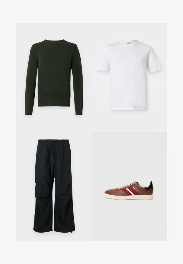 Maglione lavorato a maglia di un verde scuro, con maniche lunghe, scollo rotondo e una consistenza liscia. Nessun motivo visibile o dettagli in metallo.; T-shirt bianco in cotone con maniche corte, scollatura rotonda e una texture liscia. Non sono visibili motivi o accenti.; Pantaloni neri a gamba larga con vita regolabile tramite coulisse e orli elastici. Realizzati in tessuto leggero e testurizzato. Design semplice.; Sneaker in pelle marrone con strisce bianche e bordeaux, lacci beige e un accento nera sul tallone. Presenta una suola in gomma e una texture liscia.
