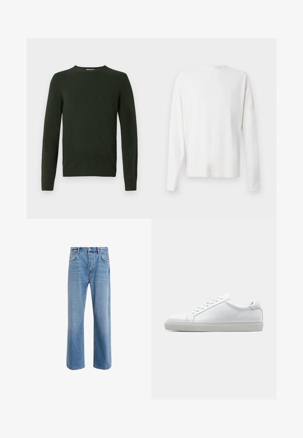 Maglione lavorato a maglia di un verde scuro, con maniche lunghe, scollo rotondo e una consistenza liscia. Nessun motivo visibile o dettagli in metallo.; Camicia bianca in cotone a maniche lunghe con scollatura rotonda, spacchi laterali in fondo e una texture liscia, mostrata da dietro.; Jeans in denim blu chiaro con design a gamba dritta, cinque tasche, chiusura con bottone, leggero sbiadimento e dettagli di cucitura a contrasto.; Sneaker bianco con tomaia in pelle liscia e profilo basso. Presenta una punta arrotondata, sei occhielli e una suola in gomma testurizzata.