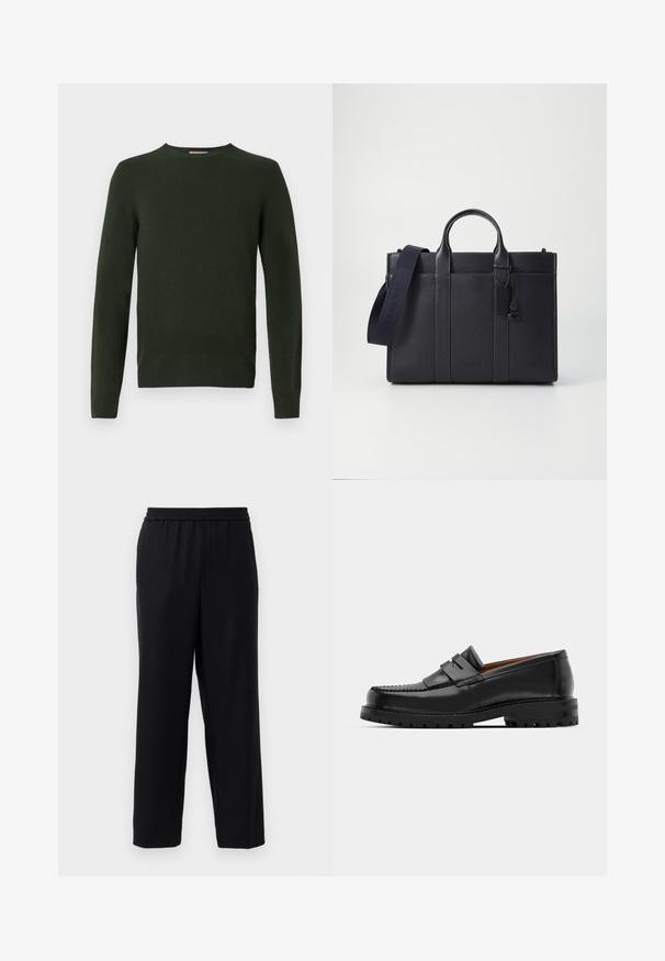 Mørkegrøn strikket sweater med lange ærmer, en rund halsudskæring og en glat overflade. Ingen synlige mønstre eller hardwaredetaljer.; Sorte bukser med elastisk talje, lige ben-design og et glat, let stof. Ingen synlige lommer eller mønstre.; Sorte læder loafers har en forhøjet søm, to dekorative remme på overdelen og en tyk struktureret sål for bedre greb.; Mørkeblå læderaktet med dobbelte topgreb og en aftagelig rem. Har tekstureret overflade, lodret syning og logodetalje.