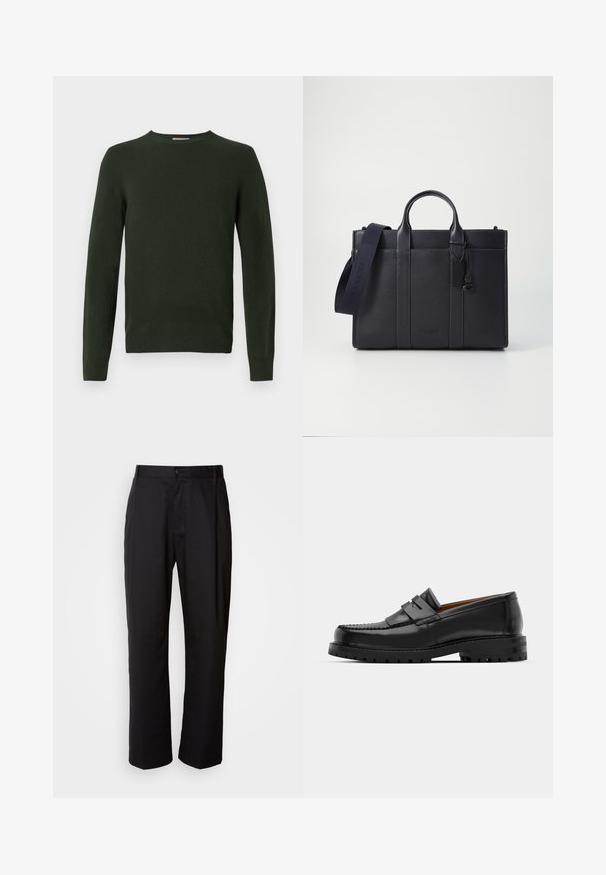 Mørkegrøn strikket sweater med lange ærmer, en rund halsudskæring og en glat overflade. Ingen synlige mønstre eller hardwaredetaljer.; Sorte bukser med lige snit, lavet af letvægtsstof. Har en forreste knaplukning og to sidelommer; glat tekstur.; Sorte læder loafers har en forhøjet søm, to dekorative remme på overdelen og en tyk struktureret sål for bedre greb.; Mørkeblå læderaktet med dobbelte topgreb og en aftagelig rem. Har tekstureret overflade, lodret syning og logodetalje.