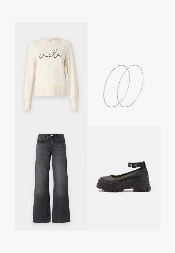Cremfarbener Pullover mit langen, luftigen Ärmeln und gerippten Bündchen. Mit schwarzem, kursivem "voilà" auf der Vorderseite gestickt. Weicher Stoff.; Weite Jeans aus dunkelgrauem Denim. Mit fünf Taschen, einem Knopfverschluss und dezentem Verblassen des Stoffes. Klassische Nähte betonen das Design.; Buffalo ASPHA - Plateaupumps - black; Silberne Creolen mit minimalistischem Design. Rundform, glatte Oberfläche und dünnes Profil. Leichtgewichtig mit hochglänzender Oberfläche.
