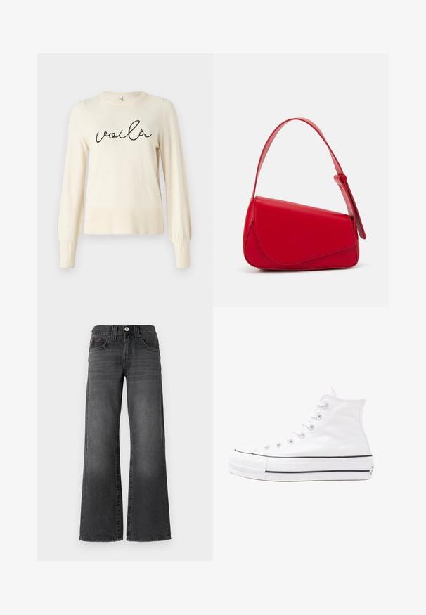 Maglione color crema con maniche lunghe e svolazzanti e polsini a costine. Presenta la scritta in corsivo nera "voilà" ricamata sul davanti. Texture morbida.; Jeans a gamba larga in denim grigio scuro. Presentano cinque tasche, una chiusura con bottone e una leggera sfumatura sul tessuto. Accenti di cucitura classica.; Sneaker alta in tela bianca con suola in gomma nera, punta in gomma frontale e sei asole per i lacci, caratterizzata da un design pulito e minimalista.; Borsa a tracolla in pelle rossa con un design angolare e geometrico. Presenta una singola tracolla regolabile e una chiusura a patta con dettagli cuciti.