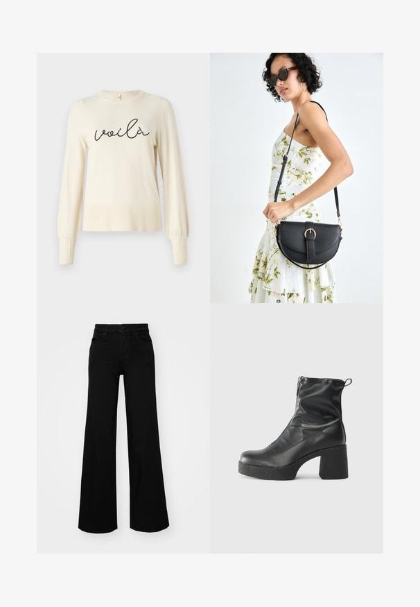Cremfarbener Pullover mit langen, luftigen Ärmeln und gerippten Bündchen. Mit schwarzem, kursivem "voilà" auf der Vorderseite gestickt. Weicher Stoff.; Schwarze weit geschnittene Hose aus Denim, mit einem strukturierten Bund, Gürtelschlaufen und Fronttaschen. Glatte Textur mit klassischem Design.; Schwarze Stiefeletten aus glattem Leder mit seitlichem Reißverschluss, klobigem strukturiertem Absatz und runder Zehenform.; Schwarze Lederhandtasche mit geschwungener Form, abnehmbarem Tragegurt und goldenen Beschlägen. Die Tasche verfügt über einen Deckel mit einer Schnallen-Details.