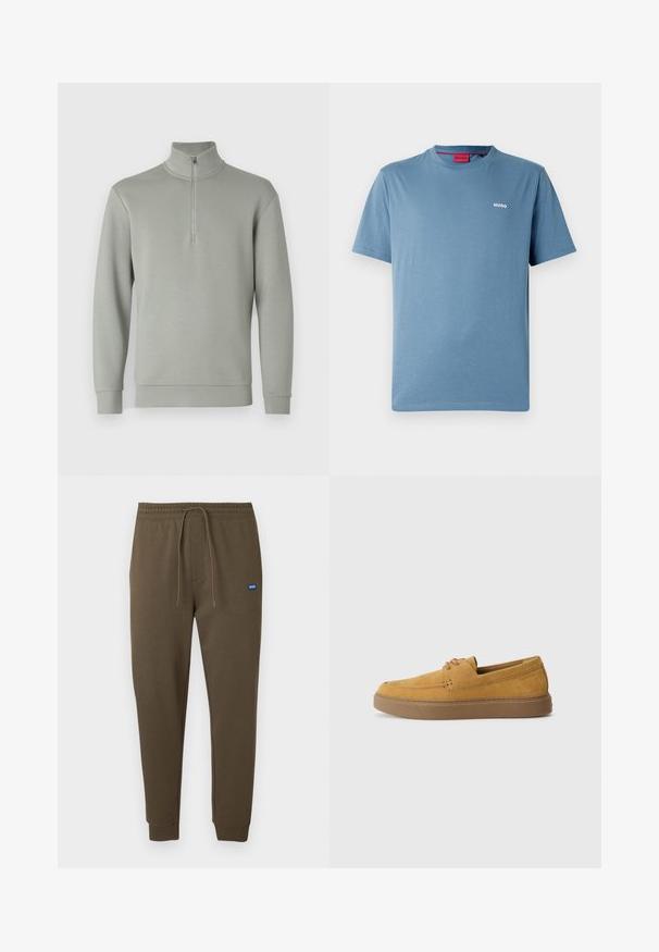 Gaiši pelēks džemperis ar augstu apkakli un puszipu. Mīksta auduma, garām piedurknēm un taisnu apakšmali. Nav rakstu vai papildu akcentu.; Zils īss piedurkņu T-krekls ar apaļu kakla izgriezumu, kreisajā krūtīs neliels balts "HUGO" logotips un sarkans iekšējās apkakles etiķete.; Tumši olīvu zaļas sporta bikses ar elastīgu jostu, auklu, sānu kabatām un ribotiem aprocēm. Mazs zils logo uzšuvums uz kreisās puses.; Browningas zamšs slip-on apavi ar teksturētu virsmu, noapaļota purngala un kontrastējoša gumijas zole. Satur smalku zīmolu tuvumā papēžam.