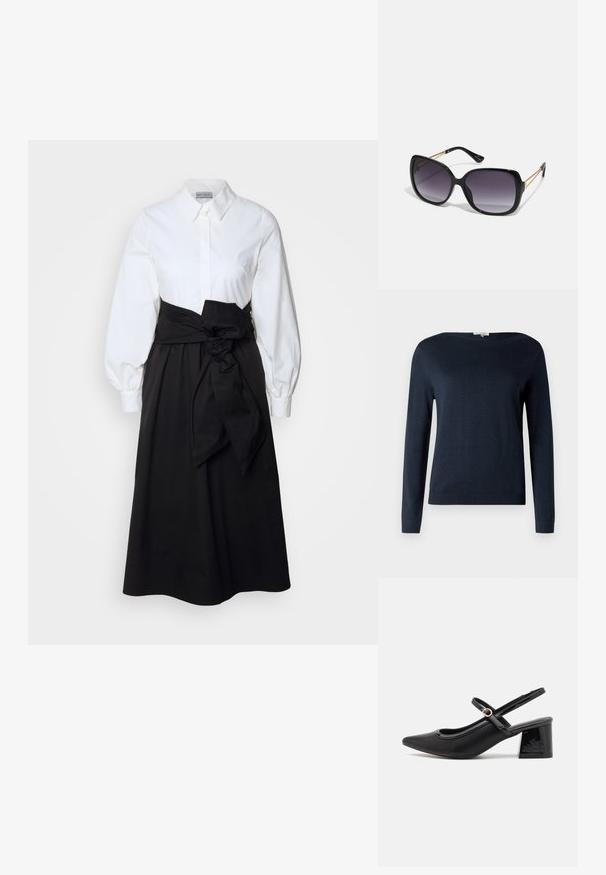 Navy blue long-sleeve crew neck sweater with ribbed cuffs and hem, displayed against a plain white background.; White button-up top with long puff sleeves, paired with a black skirt and fabric belt tied at the waist, made from smooth cotton material.; Black patent leather slingback heels with a pointed toe, a rounded cutout design, and a block heel. Features a gold-tone buckle accent.; Black oversized sunglasses with gradient lenses, thick frames, and gold-tone chain detailing on the temple arms.; Black tote bag made of synthetic material, featuring simple rectangular design, gold square accents, and double handles.
