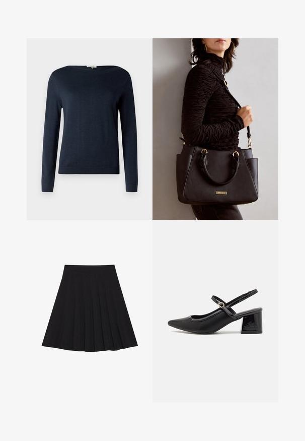 Námořnická modrá dlouhá rukávová svetr s kulatým výstřihem, s pružnými manžetami a lemem, vystavený na jednobarevném bílém pozadí.; Černá plisovaná sukně vyrobená z texturované látky s dobře padnoucím pasem. Délka sukně je ke kolenům a má hladký, jednoduchý siluetu.; Černé lakované lodičky s otevřenou patou, špičatou špičkou, zaobleným střihem a blokovým podpatkem. Zdobené akcentem v zlatém tónu.; Černá kabelka s texturovaným povrchem, dvojitými horními uchy a nastavitelným ramenním popruhem. Obsahuje zlaté kovové prvky a boční kapsy.
